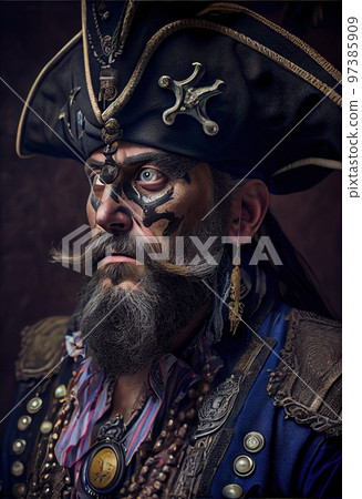 Portrait of a brave pirate on the background of the sea. A pirate in traditional pirate clothing. Generative AI Art 97385909