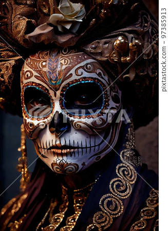 A young beautiful woman with a skull painted on her face on the Day of the Dead in Mexico. Generative AI Art A young beautiful woman with a skull painted on her face on the Day of the Dead in Mexico. Generative AI Art 97385913