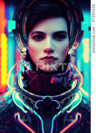 Portrait of a sci-fi cyberpunk man. High-tech futuristic man from the future. The concept of virtual reality and cyberpunk. Generative AI Art. 97385938