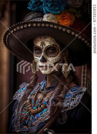 A young beautiful woman with a skull painted on her face on the Day of the Dead in Mexico. Generative AI Art 97385953