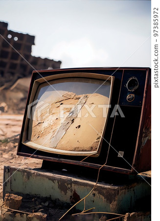 An old TV lying on the ruins of a house. A post-apocalyptic ruined city. Destroyed buildings, mountains of rubble and debris. The concept of the apocalypse. Generative AI Art An old TV lying on the ruins of a house. A post-apocalyptic ruined city. Destroyed buildings, mountains of rubble and debris. The concept of the apocalypse. Generative AI Art 97385972