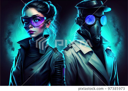 Portrait of futuristic secret agents in black leather jacket. Young men as secret agents. Generative AI Art 97385973
