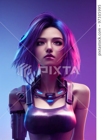 Portrait of a sci-fi cyberpunk girl. High-tech futuristic woman from the future. The concept of virtual reality and cyberpunk. Generative AI Art. Portrait of a sci-fi cyberpunk girl. High-tech futuristic woman from the future. The concept of virtual reality and cyberpunk. Generative AI Art. 97385995