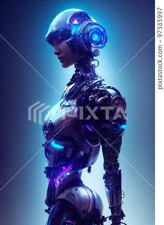 Portrait of a futuristic female robot. An artistic abstract cyberpunk fantasy. Concept of a modern robot. Generative AI Art 97385997