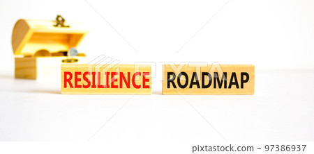 Resilience roadmap symbol. Concept word Resilience roadmap typed on wooden blocks. Beautiful white table white background. Wooden chest with coins. Business and resilience roadmap concept. Copy space. 97386937