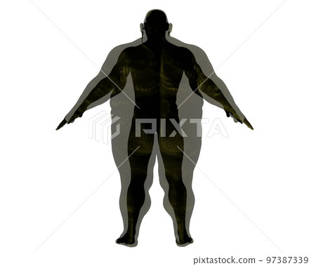 3D render. Athletic man inside an obese body on a white background. Copy space.  97387339