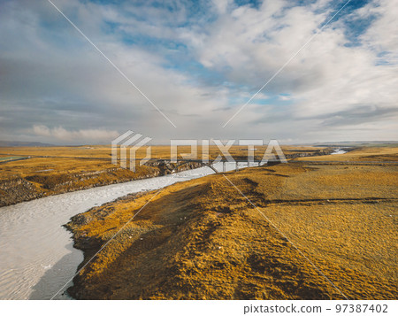 Autumn in Iceland, yellow and orange grass 97387402