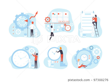 Effective Time Management with Man Organizing Time on Clock and Calendar Vector Set Effective Time Management with Man Organizing Time on Clock and Calendar Vector Set 97388276