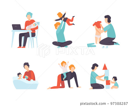 Man Dad Nursing Little Kid Engaged in Parenting Vector Set Man Dad Nursing Little Kid Engaged in Parenting Vector Set 97388287