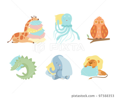 Cute Sleeping Animals Lying on Pillow Having Bedtime Rest Vector Set 97388353