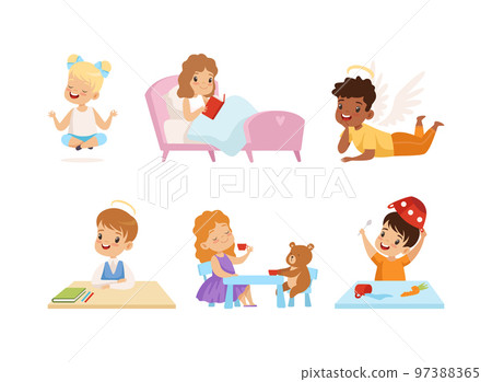 Naughty and Obedient Little Kids Doing Mischief and with Good Upbringing Vector Set Naughty and Obedient Little Kids Doing Mischief and with Good Upbringing Vector Set 97388365