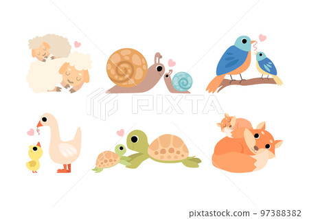 Little Baby Animal and Their Mom Cuddling and Loving Each Other Vector Set 97388382