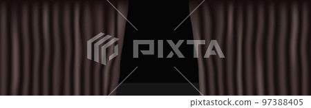 Black opening theater curtain, panoramic background template - Vector 97388405