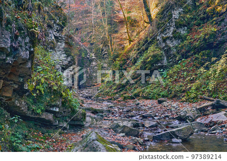 Autumn forest glade with stones and boulders in bright sunny colors Autumn forest glade with stones and boulders in bright sunny colors 97389214