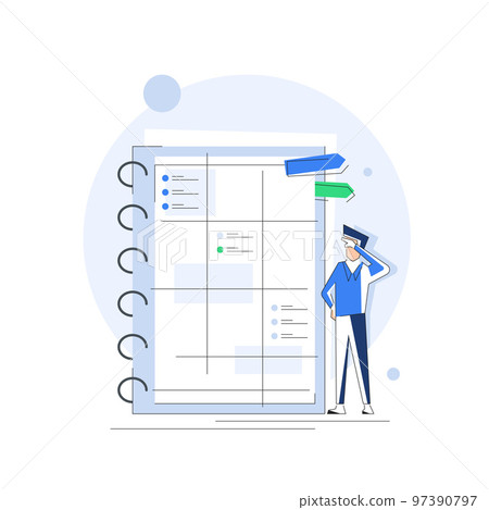 Characters planning work tasks,making schedule using calendar,Time management 97390797