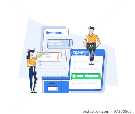Characters planning work tasks,making schedule using calendar,Time management 97390802