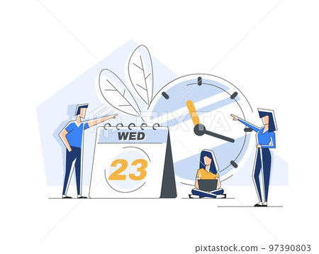 Characters planning work tasks,making schedule using calendar,Time management Characters planning work tasks,making schedule using calendar,Time management 97390803