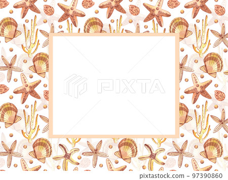 Postcard with sea mollusks and a rectangular frame for a signature. All elements are hand-painted with watercolors. Starfish, pearl, scallop on a white background. For print, scrapbooking and design 97390860