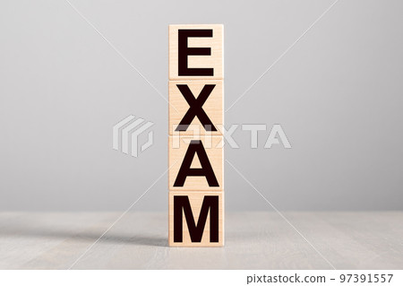 Exam word, checking education, knowledge. College examination. High quality photo 97391557