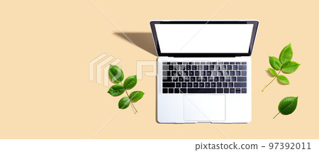 Laptop computer with green leaves Laptop computer with green leaves 97392011