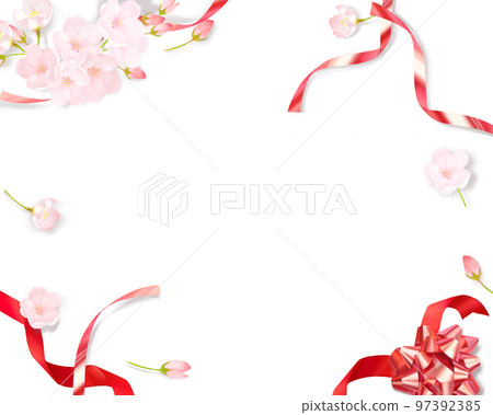 Light pink cute cherry blossoms and origami hoop decoration and medal ribbon-white back frame background material Light pink cute cherry blossoms and origami hoop decoration and medal ribbon-white back frame background material 97392385