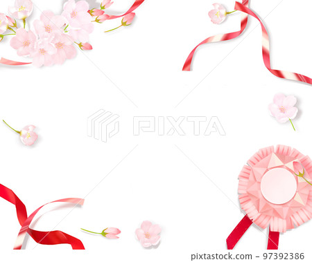 Light pink cute cherry blossoms and origami hoop decoration and medal ribbon-white back frame background material Light pink cute cherry blossoms and origami hoop decoration and medal ribbon-white back frame background material 97392386