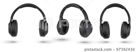 Headphones isolate on white. Wireless headphones in black, high quality, isolated on a white background, for advertising or product catalog. Set of headphones from different angles Headphones isolate on white. Wireless headphones in black, high quality, isolated on a white background, for advertising or product catalog. Set of headphones from different angles 97392430