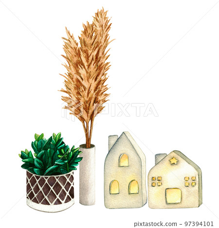Home plant, ceramic houses lanterns and vase with dried flowers. Watercolor illustration interior of living room. Clipart. Home decor elements on a white background. Home plant, ceramic houses lanterns and vase with dried flowers. Watercolor illustration interior of living room. Clipart. Home decor elements on a white background. 97394101