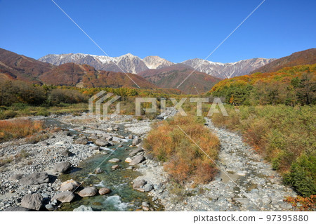 Hokujo, Hakuba Village, Kitaazumi District, Nagano Prefecture View of snow-capped Hakuba Sanzan and autumn leaves from Hakuba Ohashi Bridge over Matsukawa where melted snow collects 97395880
