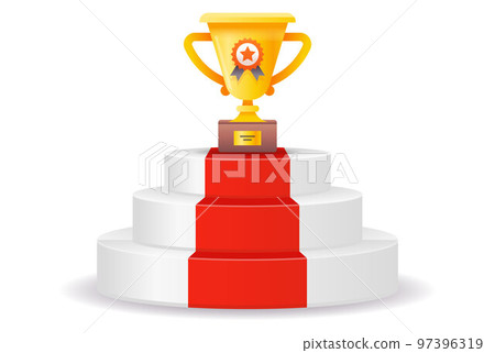 white podium with red carpet and golden cup. 97396319