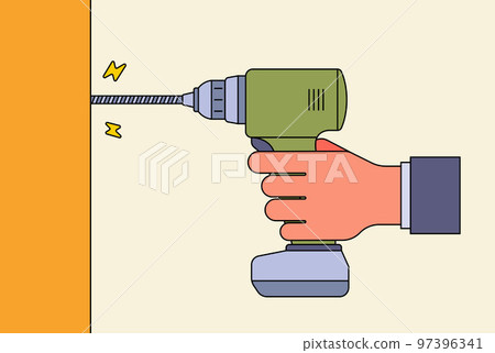 a hand holds a drill and twists a bolt into a tree. construction tool for housework. 97396341
