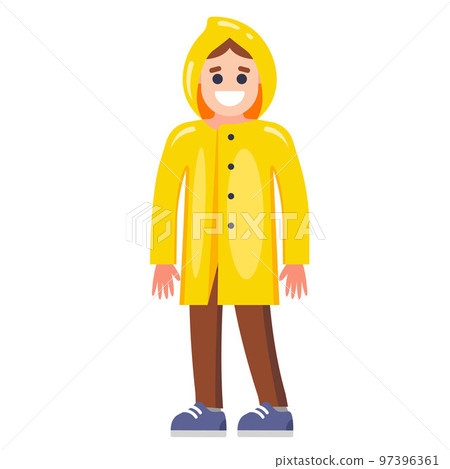 a man in a yellow raincoat on the street in autumn. 97396361