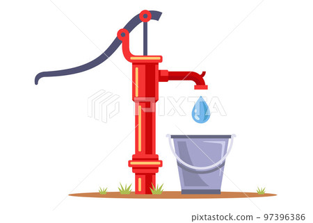 borehole pump pumps water into a bucket. collect drinking water. borehole pump pumps water into a bucket. collect drinking water. 97396386