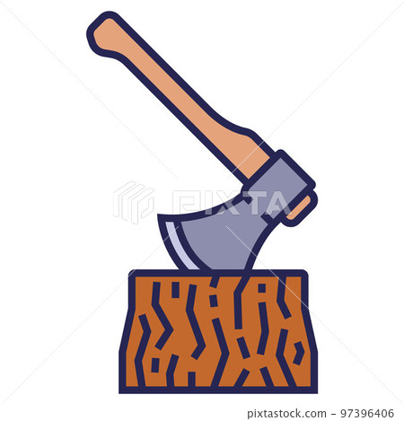an iron ax stuck in a stump. lumberjack cuts wood. 97396406