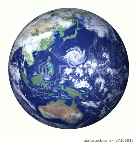 Earth, basic colors, Japanese archipelago, reverse rotation, typhoon, reference, learning materials, white background (3DCG image) 97396815