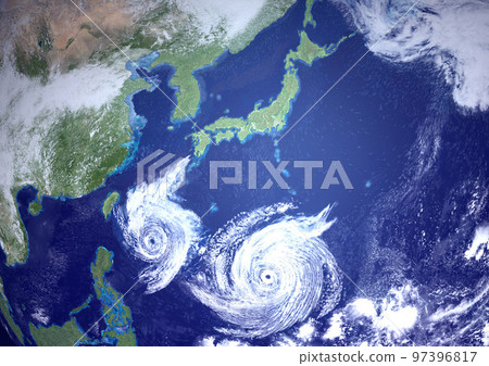 Japan Japanese archipelago two typhoons fictitious (3DCG image) Japan Japanese archipelago two typhoons fictitious (3DCG image) 97396817