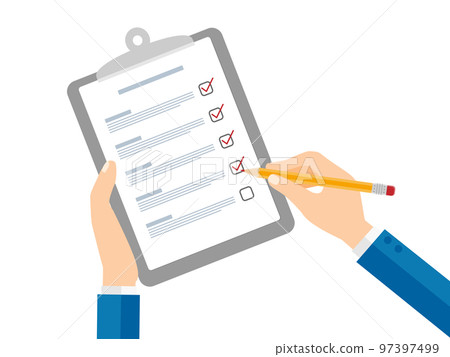 The hand of the suit that checks the documents 97397499