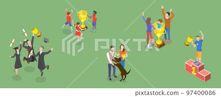 3D Isometric Flat Vector Conceptual Illustration of Set of Winners with Trophies 97400086