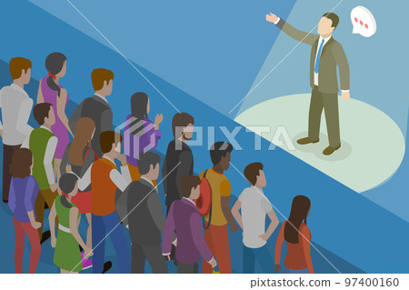 3D Isometric Flat Vector Conceptual Illustration of Giving A Speech On Stage 97400160