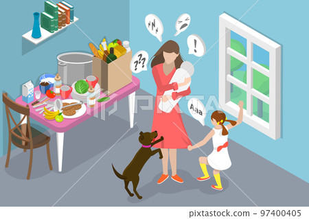 3D Isometric Flat Vector Conceptual Illustration of Emotional Burnout Of Mom 97400405