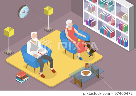 3D Isometric Flat Vector Conceptual Illustration of Seniors Relaxing At Home 97400472