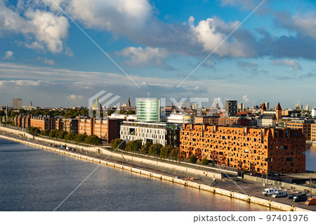 Waterside embankment modern architecture, Copenhagen, Denmark, aerial view. Travel and vacation Waterside embankment modern architecture, Copenhagen, Denmark, aerial view. Travel and vacation 97401976