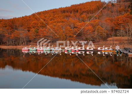 Oaza Ashida Hachigano, Tateshina-cho, Kitasaku-gun, Nagano Prefecture Autumn leaves and reflections on the surface of Lake Megami at dusk Oaza Ashida Hachigano, Tateshina-cho, Kitasaku-gun, Nagano Prefecture Autumn leaves and reflections on the surface of Lake Megami at dusk 97402724