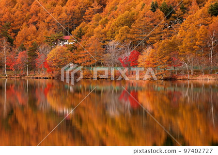 Oaza Ashida Hachigano, Tateshina-cho, Kitasaku-gun, Nagano Prefecture Autumn leaves and reflections on the surface of Lake Megami at dusk 97402727