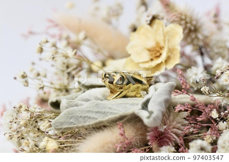 A golden pig and dried flowers 97403547