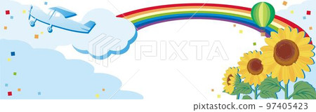 Banner summer travel airplane sunflower balloon rainbow copy space background illustration material 97405423