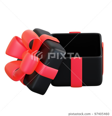 Realistic black gift box with red ribbon bow. Concept of abstract holiday, birthday, Christmas or Black Friday present or surprise. 3d high quality isolated render Realistic black gift box with red ribbon bow. Concept of abstract holiday, birthday, Christmas or Black Friday present or surprise. 3d high quality isolated render 97405460