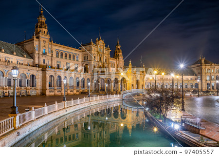 Night view of the Plaza de Espana Spanish Square in Sevilla Spain 97405557