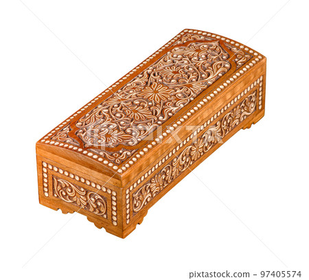 A wooden casket with traditional artistic carving isolated on a white background 97405574