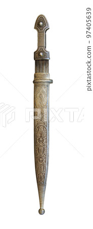 A vertical of an antique dagger with artistic chasing and engraving on a white background A vertical of an antique dagger with artistic chasing and engraving on a white background 97405639